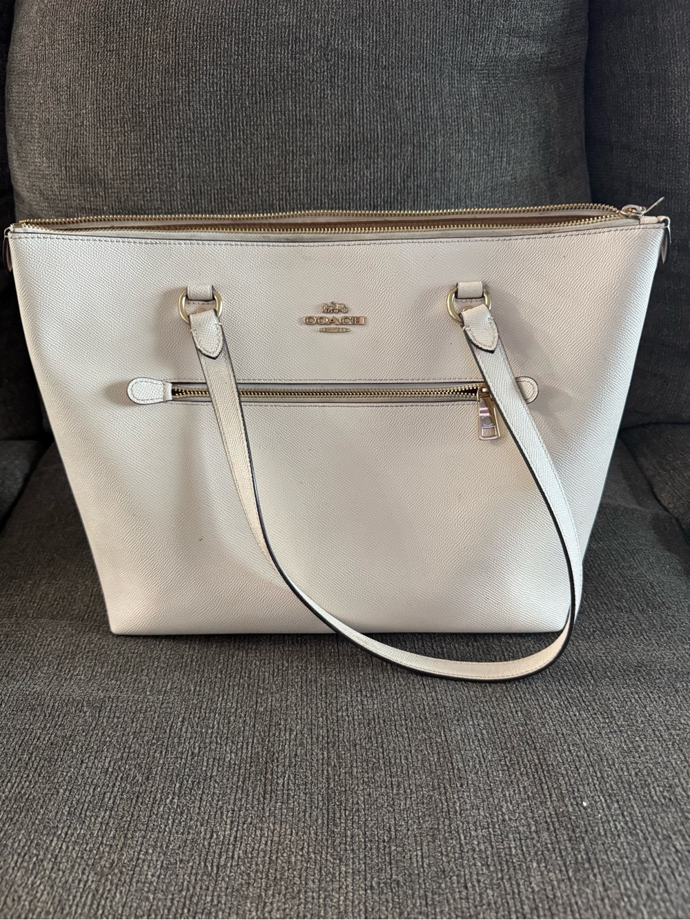 Coach White Leather Zip-Top Tote with Front Pocket